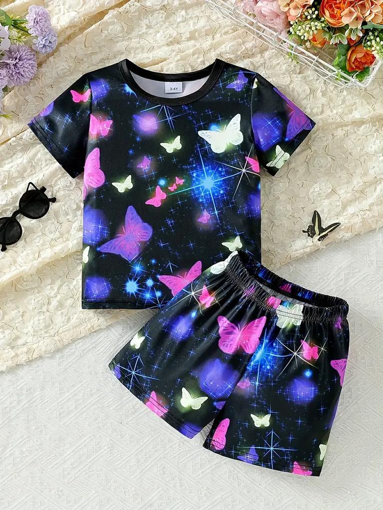 Летние костюмы для девочек, футболка с короткими рукавами и принтом бабочки, шорты, комплект одежды из 2 предметов, милый комплект детской одежды
