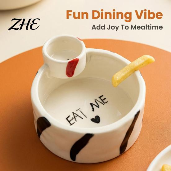 Dry And Wet Food Separator French Fries Bowl with Sauce Dipping Compartment, Heat Resistant Ceramic Snack Elegant Heart Shaped Server, Microwave Safe