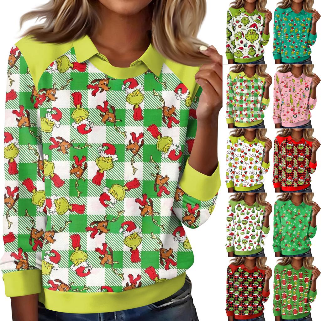 Women's Fashion Christmas Print Lapel Long Sleeve Casual Crewneck T-Shirt Top