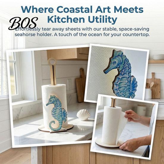 Nautical Kitchen Accessories Ocean Style Vertical Paper Towel Holder, Solid Wood Roll Stand with Holder Seahorse Crab Sailboat Shell Design,