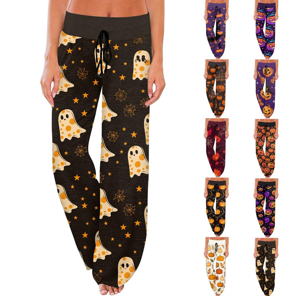 Women's Comfortable Sleeper Pants Halloween Printed Drawstring Wide Leg Pants Casual Pants