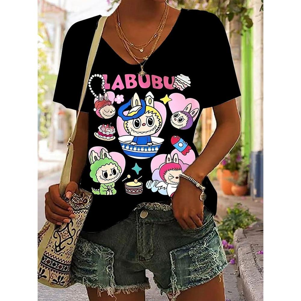 Женская хлопковая футболка с коротким рукавом Labubu, летний тренд 2025, с рукавом до локтя, в стиле Ins, универсальная уличная одежда
