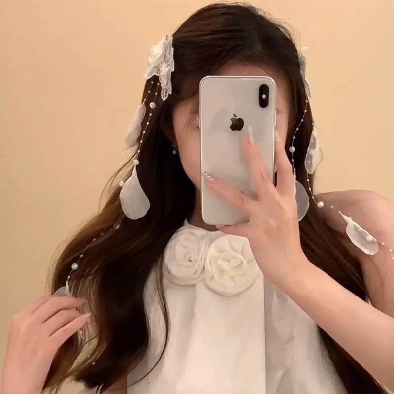 Flowers Pearl Petals Fringed Hairpin Super Fairy Temperament Girl Heart Side Duck Bill Clip Xiaohongshu Same Hair Accessories Woman