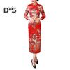 Women Dress Chinese National Style Floral Print Stand Collar Three Quarter Sleeves High Side Split Chinese Knot Buttons Cheongsam Satin Silky Slim