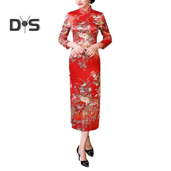 Women Dress Chinese National Style Floral Print Stand Collar Three Quarter Sleeves High Side Split Chinese Knot Buttons Cheongsam Satin Silky Slim