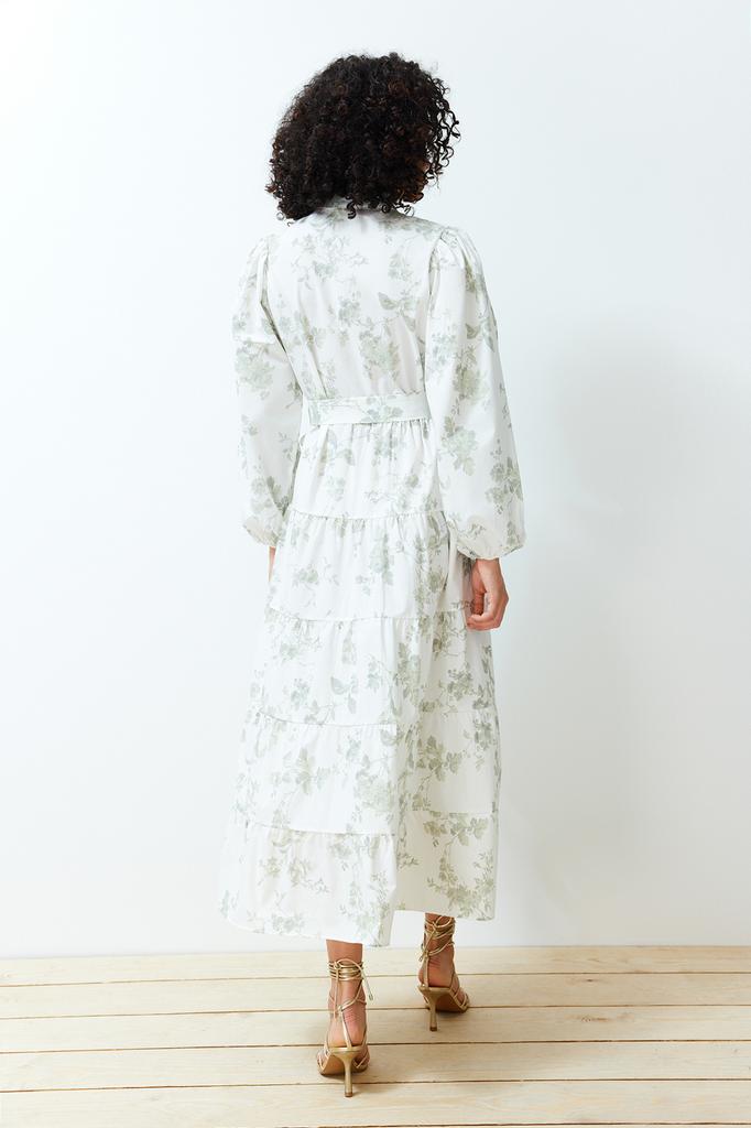 Women's Fashion New Hijab Dress Ecru High Collar Floral Belted Poplin Woven Dress