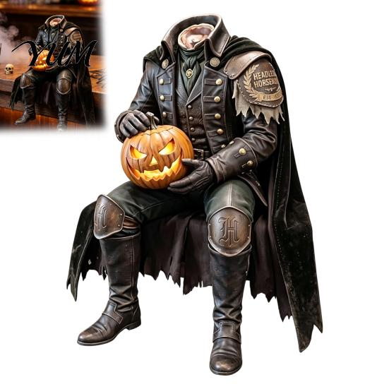 Gothic Halloween Ornaments Resin Headless Horseman Statue with LED Warm Glow, Lighted Haunted House Supplies Sculpture, Tabletop Decor for Mantel