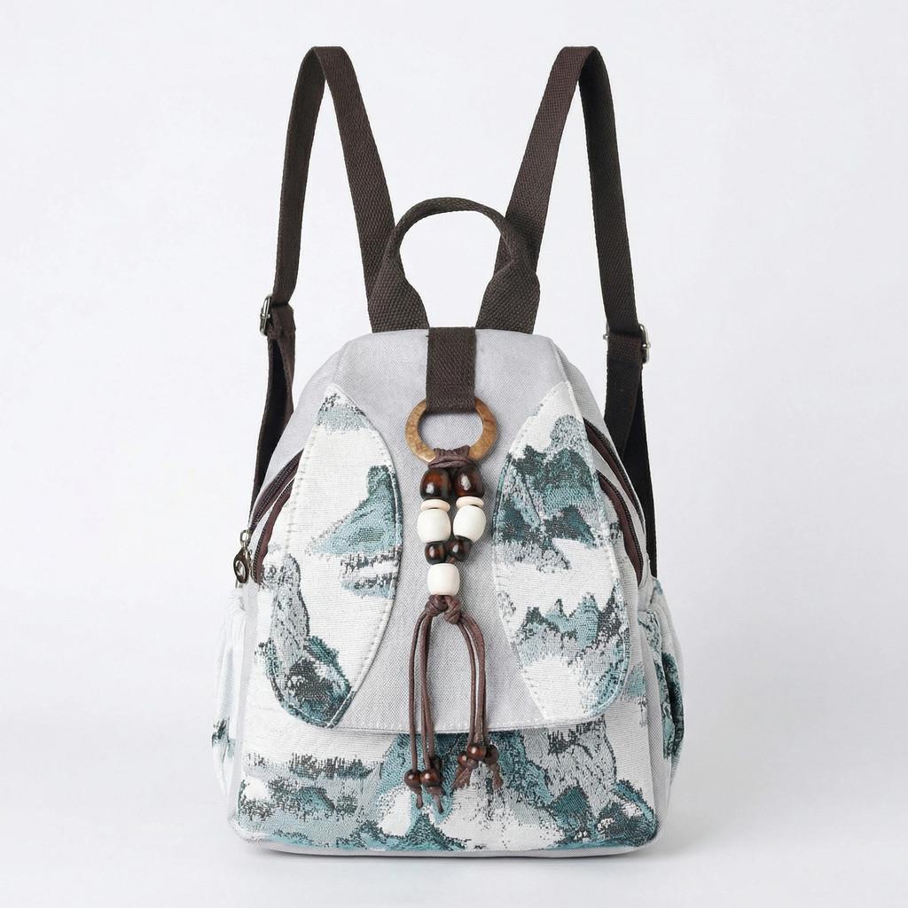 Traditional Chinese Ink Landscape Pattern Canvas Rucksack With Embroidery For Casual Outings