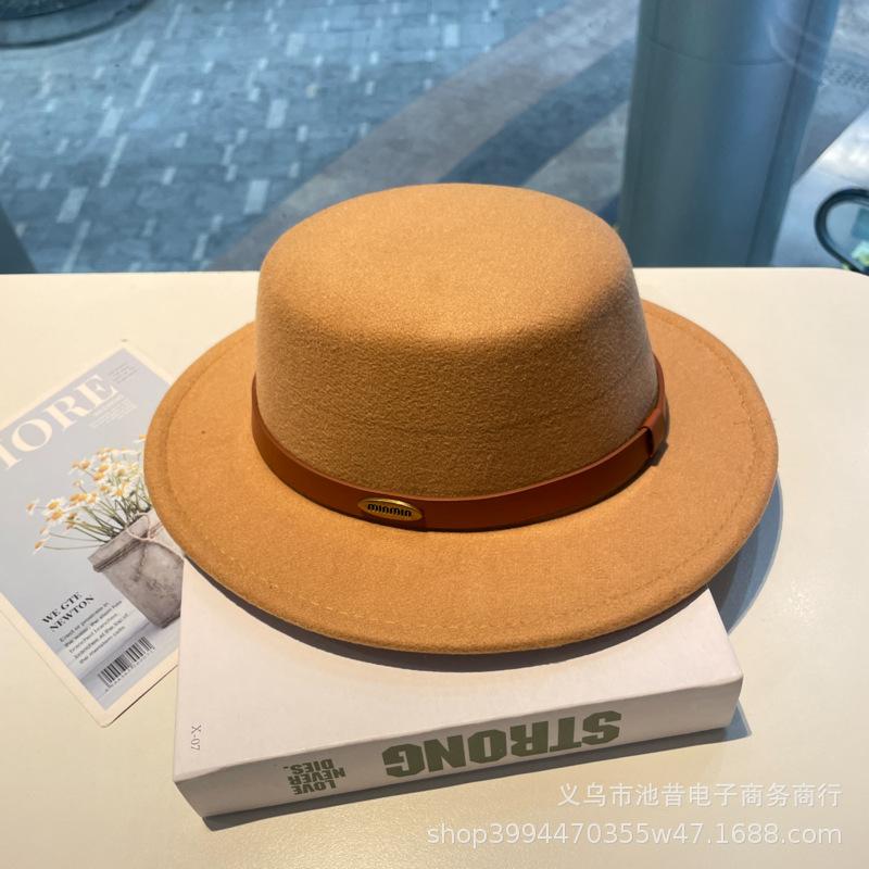 White French British autumn and winter alphabet woolen top hat female elegant foreign style flat top flat brim felt hat female casual versatile