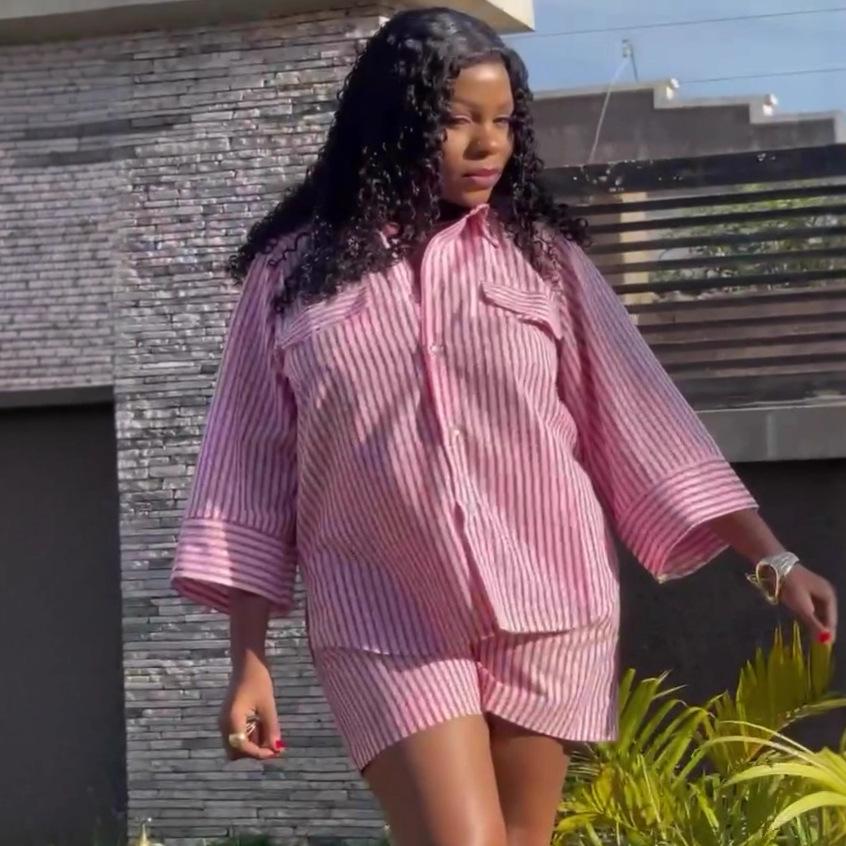 European and American simple new striped lapel shirt women's African casual versatile shorts fashion foreign style women's two-piece set