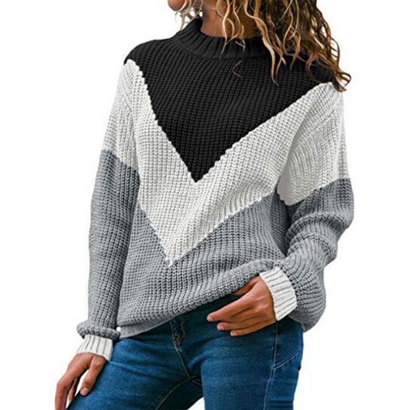 Женский свитер с круглым вырезом в стиле пэчворк, осенне-зимний