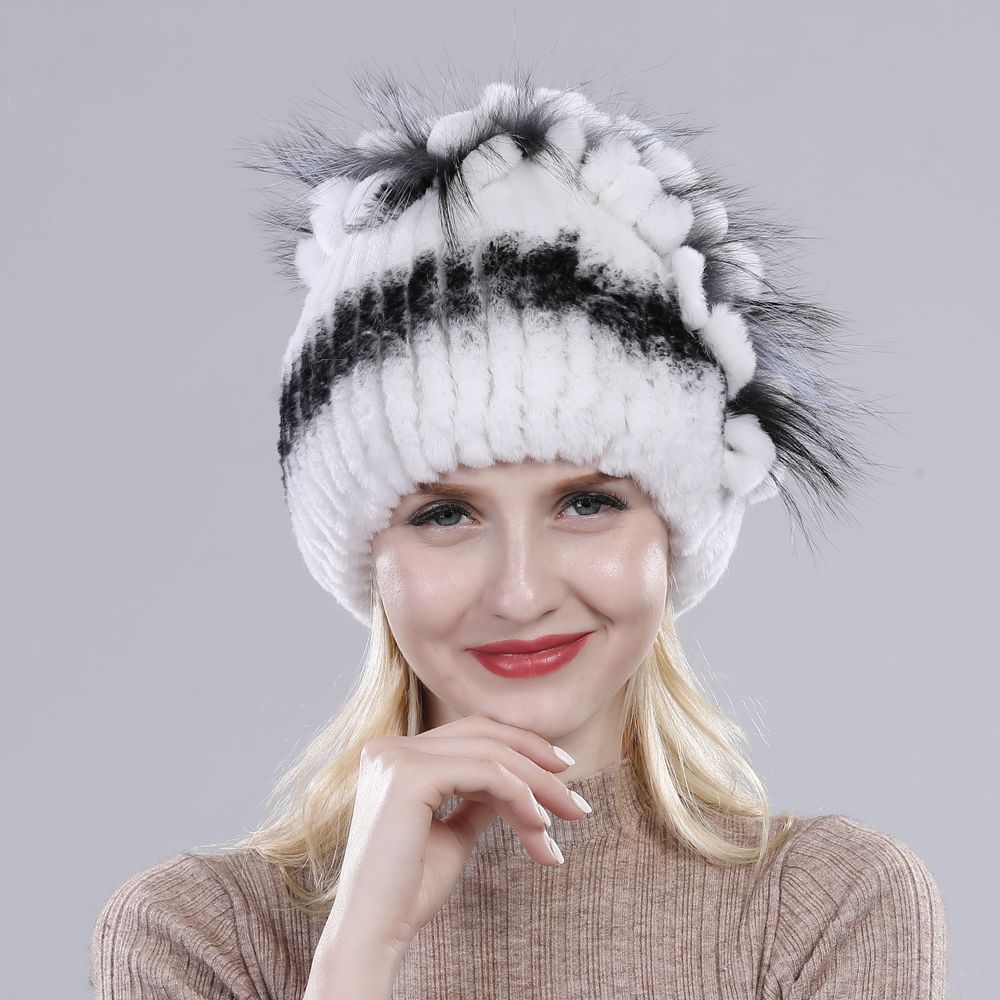 Gifts Real Fur Beanies Hat Warm Winter Real Rex Rabbit Fur Hats Rabbit Fur Cap Elastic Knitted