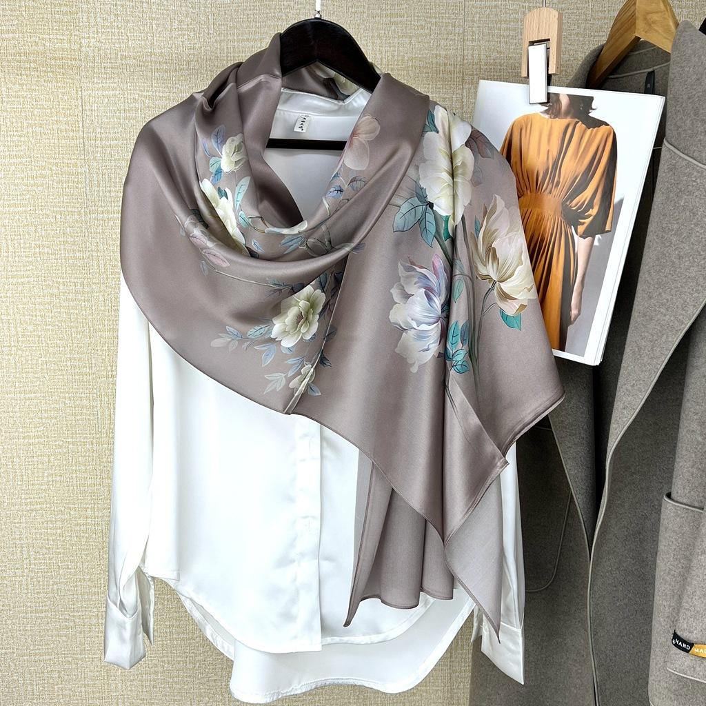 Peony Flower Chinese Ethnic Style Satin Silk Scarf Mulberry Silk Shawl Mother With Cheongsam Silk Defense