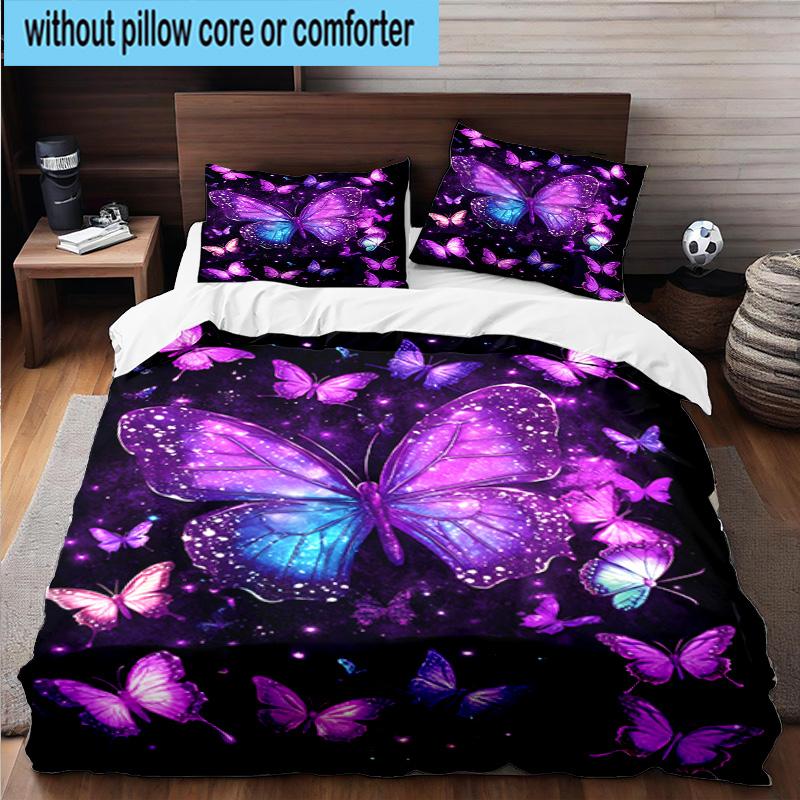 Purple Butterfly Dreams 3pcs Bedding,Including 1pc Duvet Cover And 2pcs Pillowcases Perfect for Christmas,Ideal for Bedroom, Dormitory