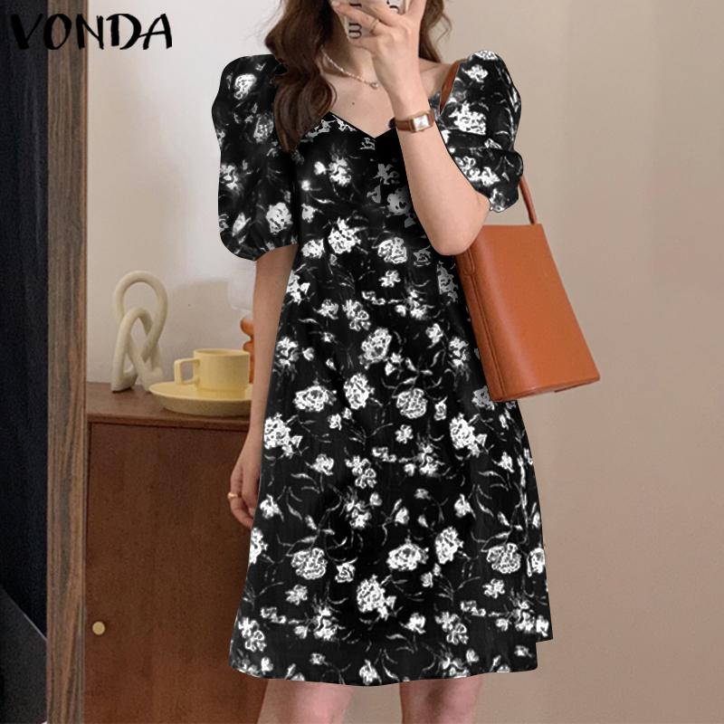 VONDA Мини-платье с цветочным принтом, короткими рукавами-буфами и квадратным вырезом