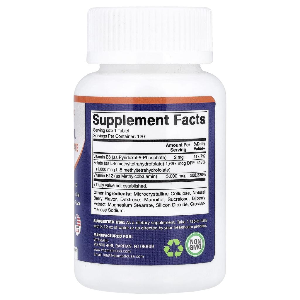 Vitamatic, Метил B12 и Фолиевая кислота, Ягодный вкус, 120 быстрорастворимых таблеток