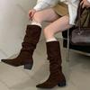 Fashion 2025 Design Pleated Woman Knee-High Boots Fashion Pointed Toe Long Booties Autumn Winter Square Heels Slim Shoes