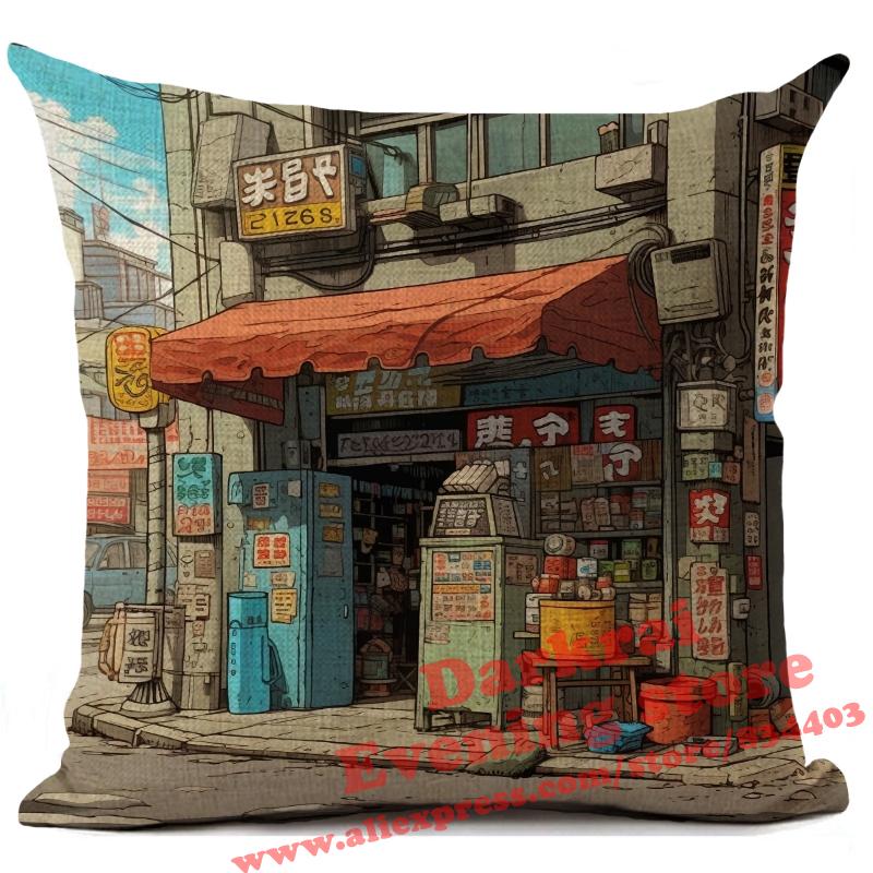 Cartoon Street Corner Linen Cushion Cover Japan Architecture Style Home Decoration Living Room Sofa Throw Pillows Case 45X45Cm