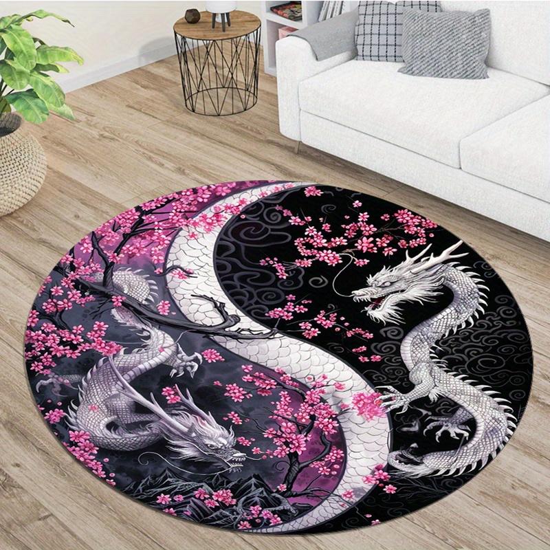 Sakura and Dragon Design Round Carpet,800g/m² Crystal Velvet Polyester,Non-Slip Decorative Area Rug for Bedroom,Living Room,Gaming Room-Poly