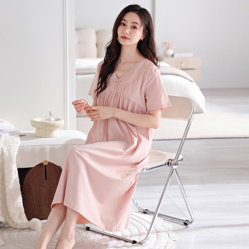 Pajamas with chest pads women's summer pure cotton short-sleeved pajamas medium and long thin summer women's loose casual loungewear