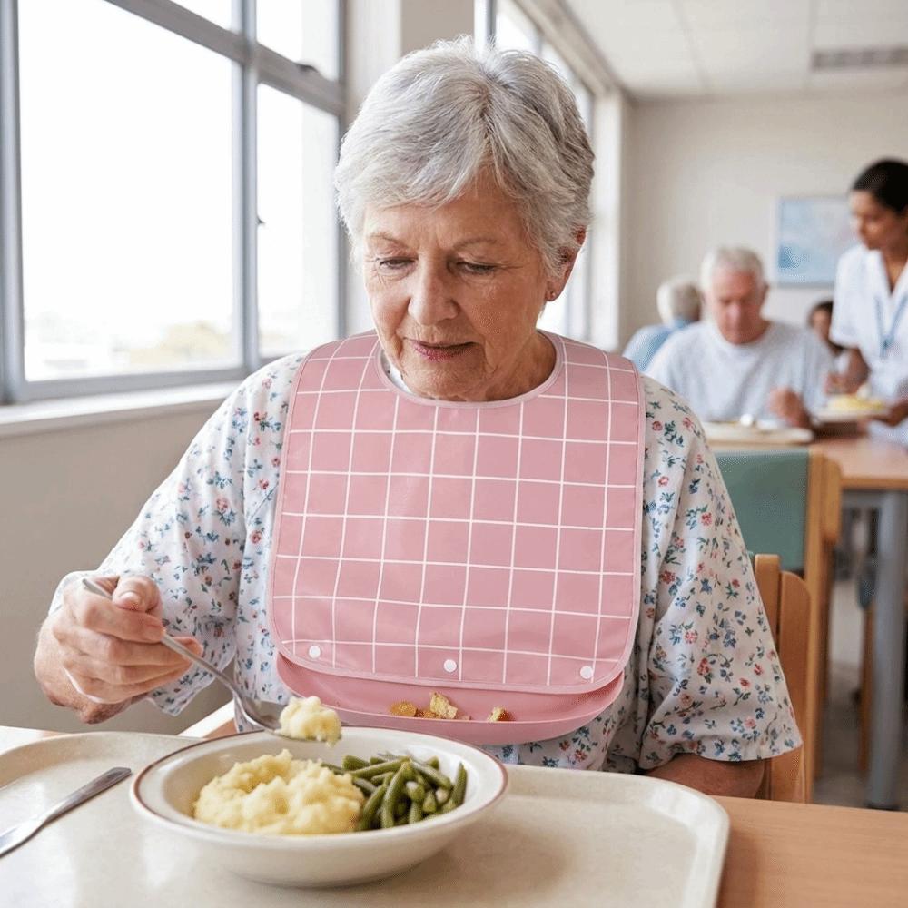Plaid Pattern Elderly Bib Waterproof Eating Smock Easy Clean Mealtime Bib Elderly Care