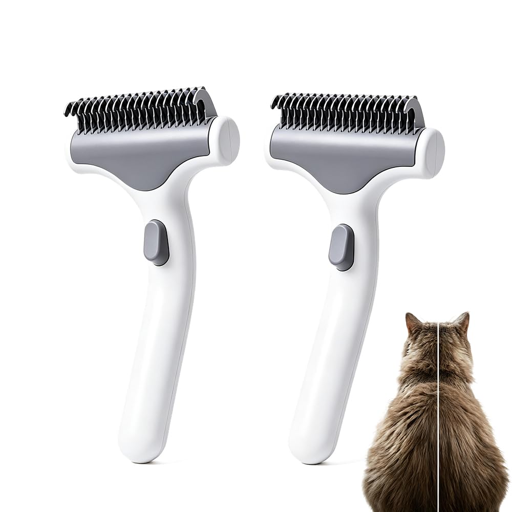 Safe Double Sided Dematting Comb for Cats Dogs, Undercoat Rake (White-2pcs)