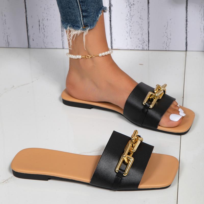 Летняя обувь больших размеров для женщин 2024 года, новые женские тапочки с квадратным носком и цепочкой, повседневные женские тапочки для отдыха на природе, женские сандалии