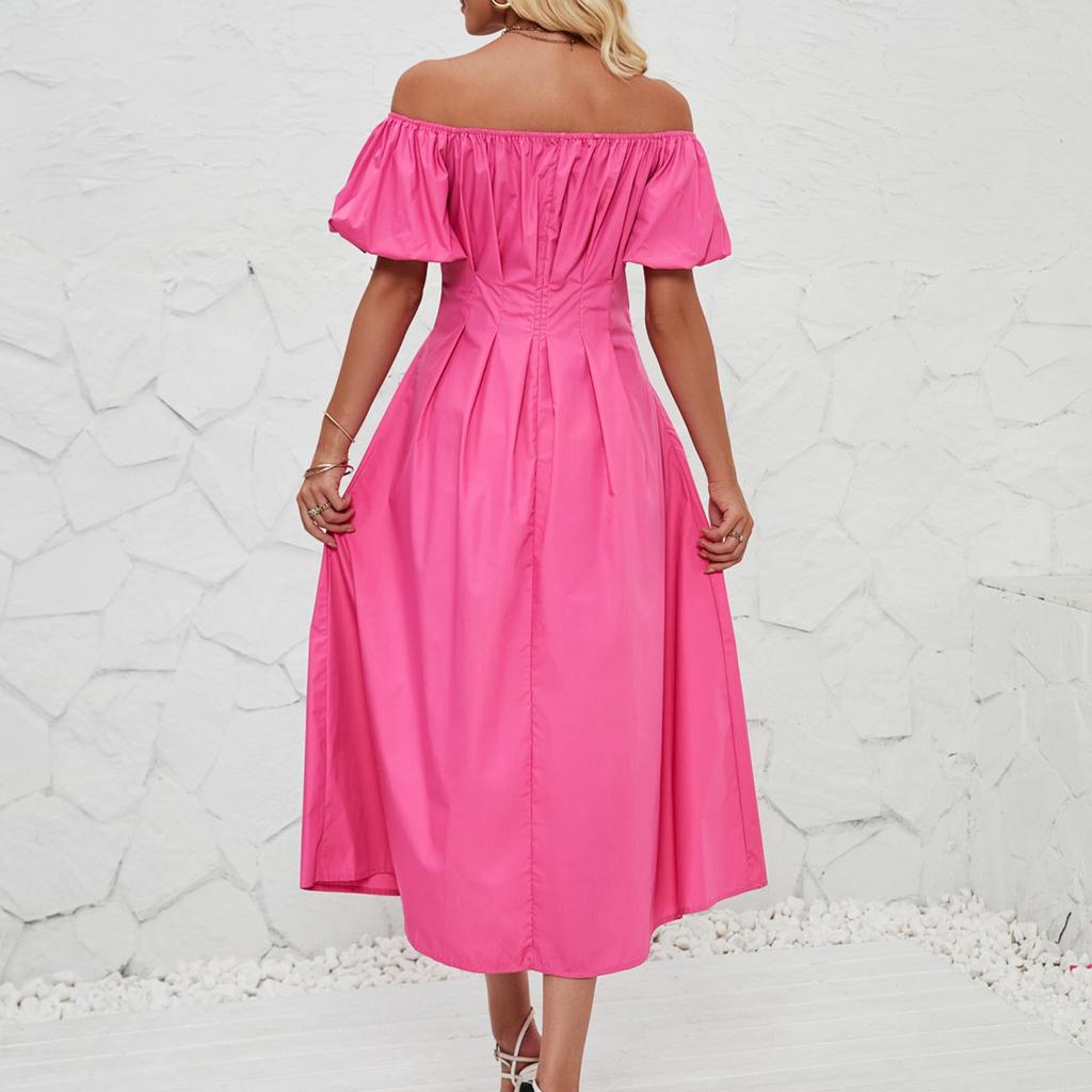 Women's Loose Long Off Shoulder Bubble Short Sleeved Pleated High Waisted Solid Color Dress