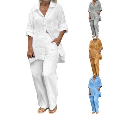 Модные женские повседневные однотонные рубашки с длинным рукавом из хлопка и льна, брючный костюм