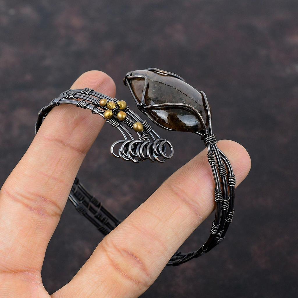 Браслет-манжета из драгоценного камня хиастолита, браслет-манжета из медной проволоки, браслет ручной работы, регулируемый браслет для подарка, ювелирные изделия из медной проволоки