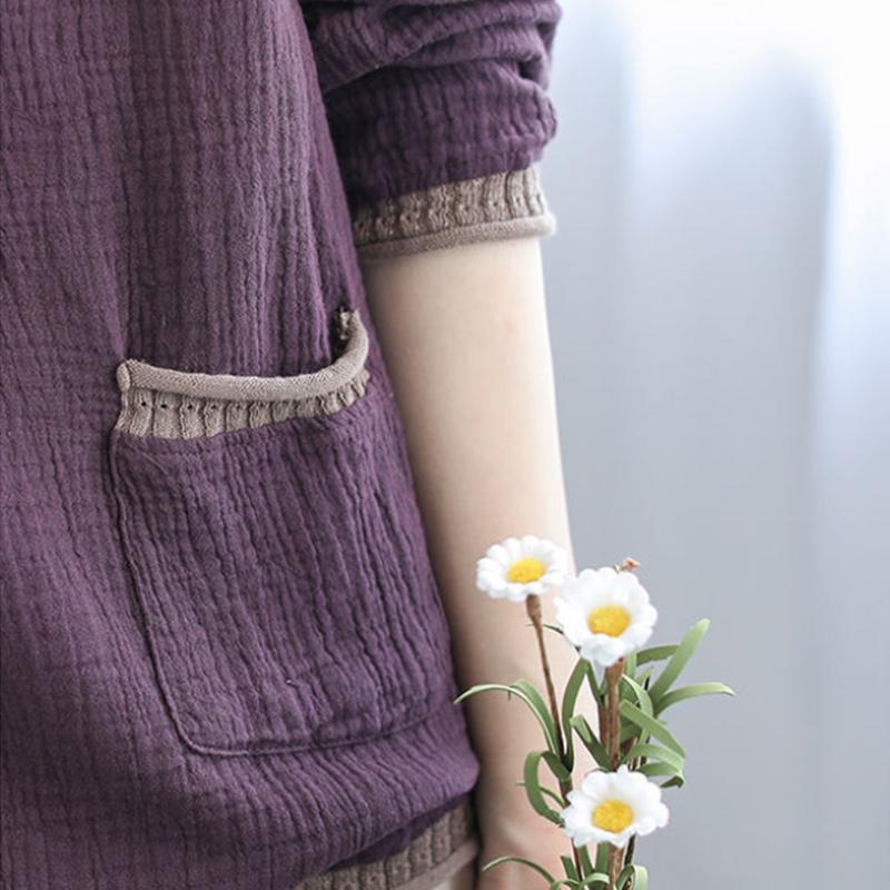 Ethnic Style Pure Cotton Retro Solid Color V-neck Bottoming Shirt Women's Loose Threaded Stitching Pocket Top