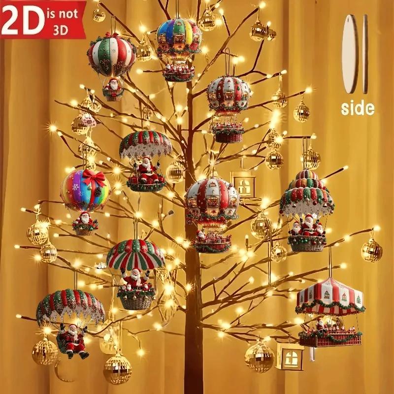 New Year 10Pcs Christmas Wooden Hot Air Balloon Santa Claus 2D Flat Wooden Pendant Christmas Tree Decor Perfect Gift Decor 2026