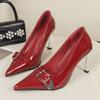 Sexy Elegant Women's High Heels Pointed Toe Metal Buckle Patent Leather Thin Heel Shoes Black Stockings New 2025 Model