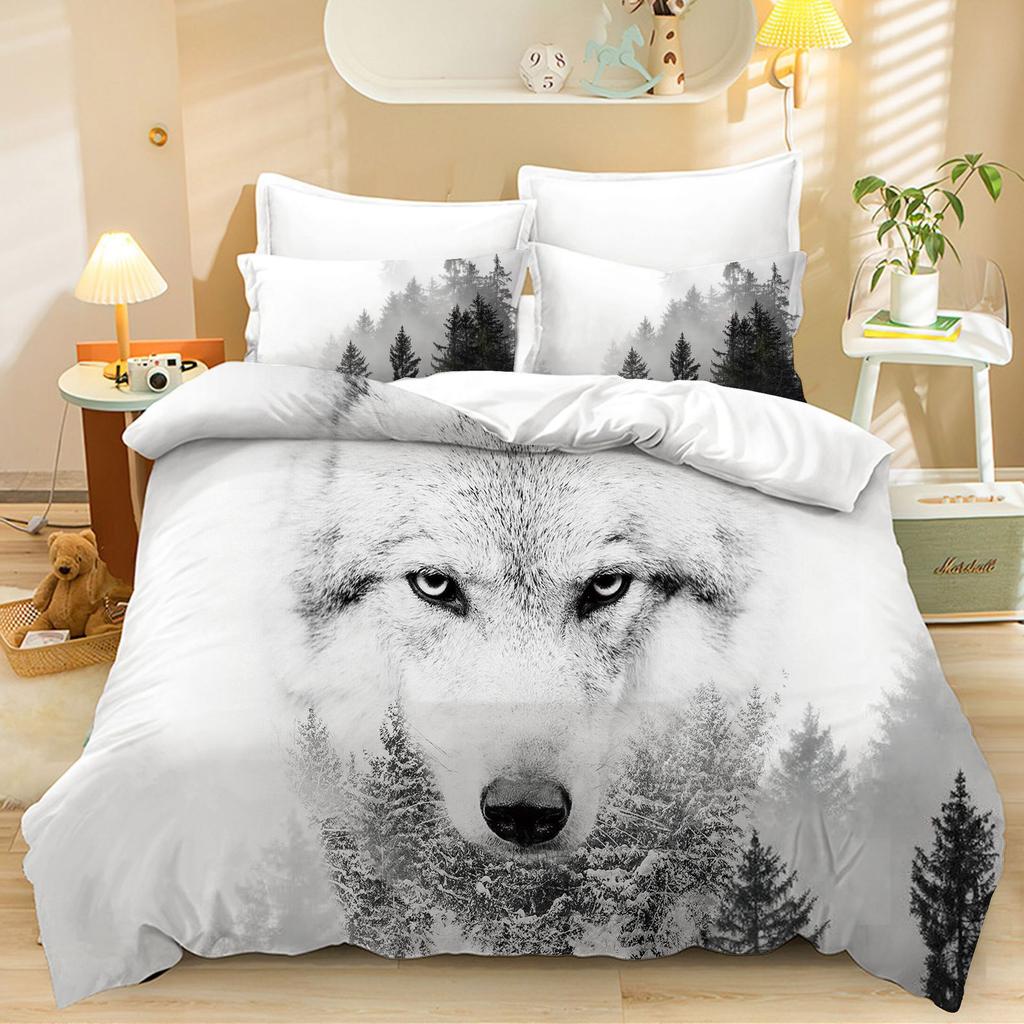 Домашний текстиль Мультяшный комплект из трех предметов, Панель с головой волка, Стеганое одеяло с цифровой печатью, Наволочка, Постельное белье
