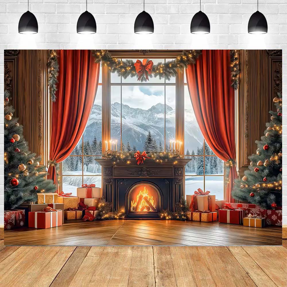 Christmas Decor Backdrop Fireplace Xmas Tree Gifts Red Curtain Decoration Family Holiday Party Photography Background Banner