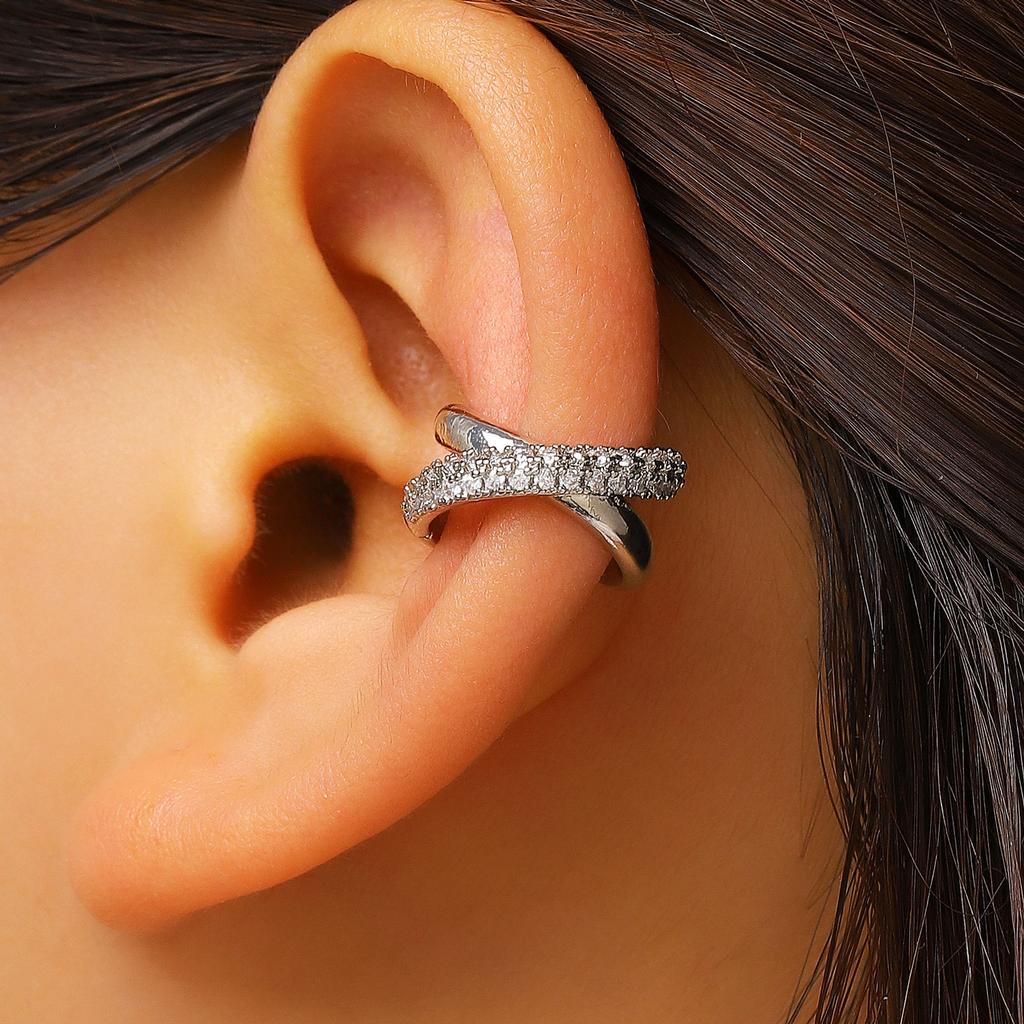 Double Layer Ear Cuff with Shiny Stones Elegant Silver Tone Non Piercing Ear Clip for Women Fashion Jewelry Accessory
