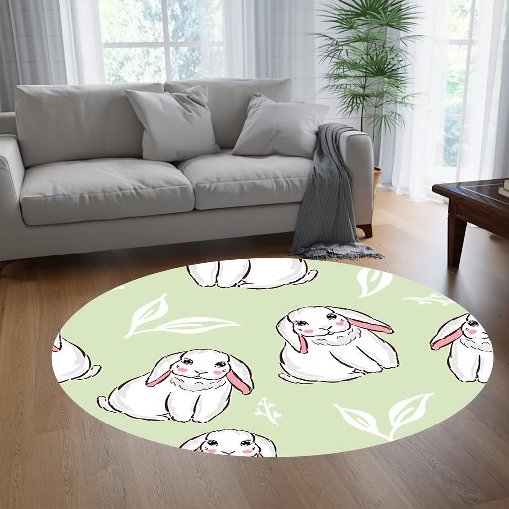 Кристально-бархатный ковер2D Плоская печать, не 3D, 1 шт. Круглый коврик с милым рисунком кролика - Мягкий, Нескользящий, Моющийся фланелевый коврик с мятно-зеленым