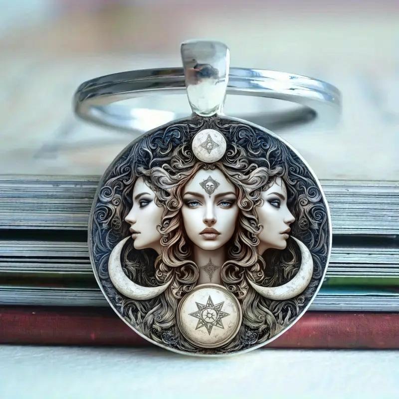 Exquisite Sun And Moon Three Lives Beauty Pattern Time Gemstone Pendant Keychain
