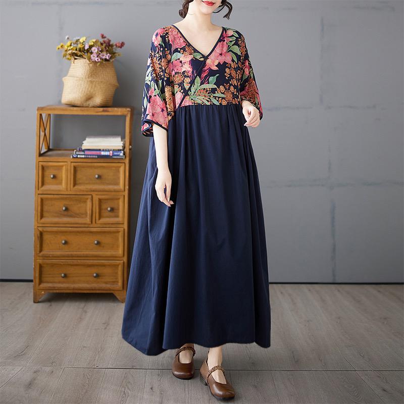 DIMANAF 2025 Летнее женское базовое платье больших размеров Винтажный цветочный принт Повседневное свободное комбинированное длинное платье