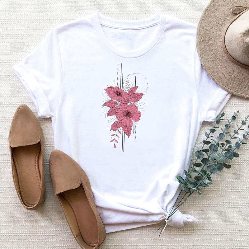 (Asian Size) Tee Top Fashion Flower Lovely Style Cute Trend Women Print T Shirt Woman Summer Female T Clothing Short Sleeve Graphic T-shirts