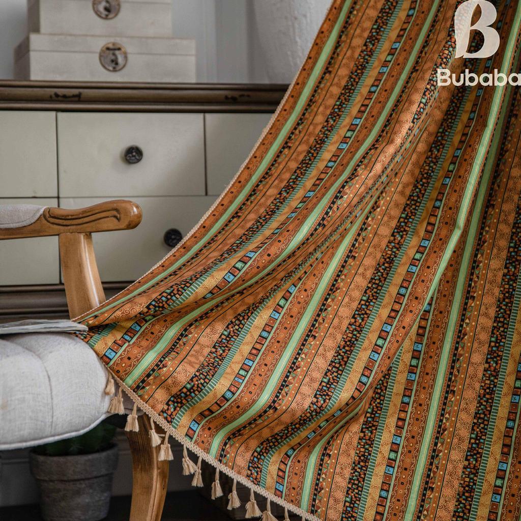 Красные богемные полосатые хлопково-льняные шторы для гостиной - Ретро стиль