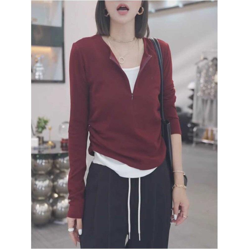 Ретро уникальная футболка с длинным рукавом, имитирующая двухслойную, с невидимой полумолнией, женская осенняя популярная плиссированная тонкая базовая футболка