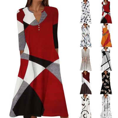 Женское летнее повседневное платье с V-образным вырезом на пуговицах, в стиле ретро, с геометрическим принтом, рукавами три четверти и карманами