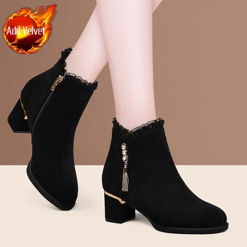 Ботильоны на флисовой подкладке Черные Осень Зима Женские Короткие Туфли Элегантные на среднем каблуке Женские Ботильоны Распродажа ботинок со стразами