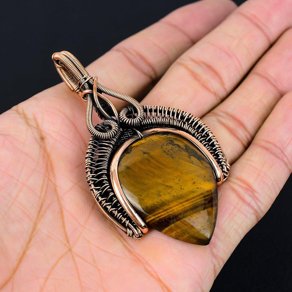 Tiger Eye Gemstone Handmade Pure Copper Wire Wrapped Pendant Jewelry For Women