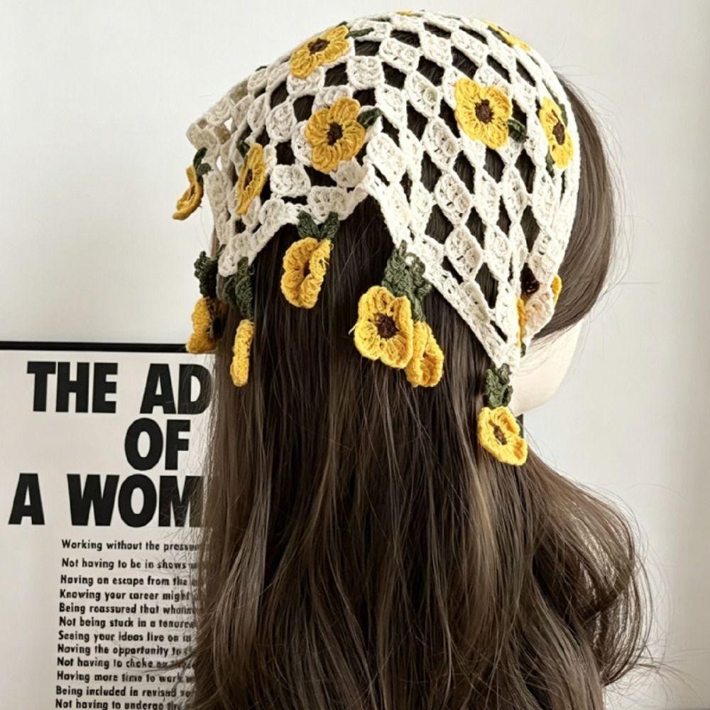 French Triangle Turban Floral Women Hair Scarf Sweet Knitted Flower Headband Girls