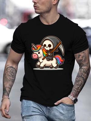 Men Crew Neck Tee Skull Reaper Unicorn Graphic Print Short Sleeve Oversized Male Daily Casual S