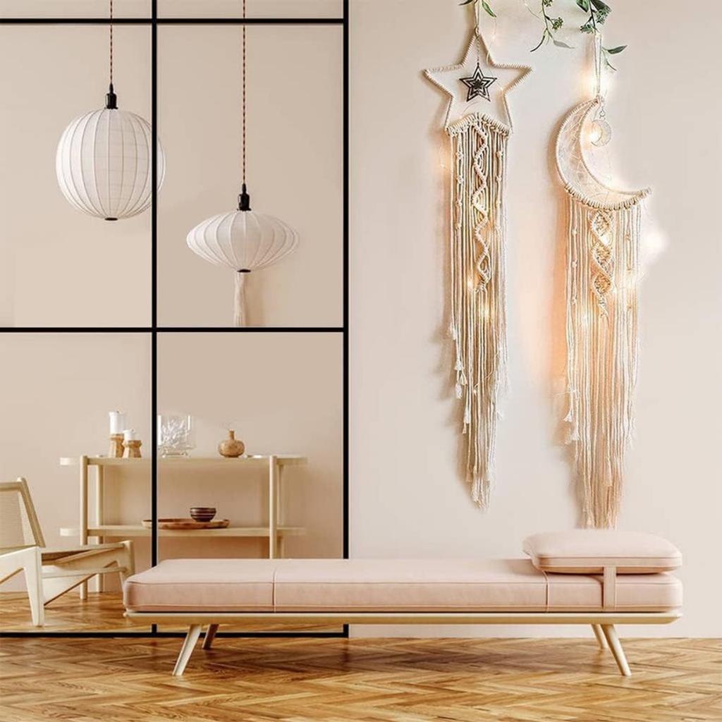 Chic Bohemian Macrame Woven Wall Hanging Moon Dream Catcher Boho Home Decor Wall Art Decor Room Decor(String Lights NOT Included)