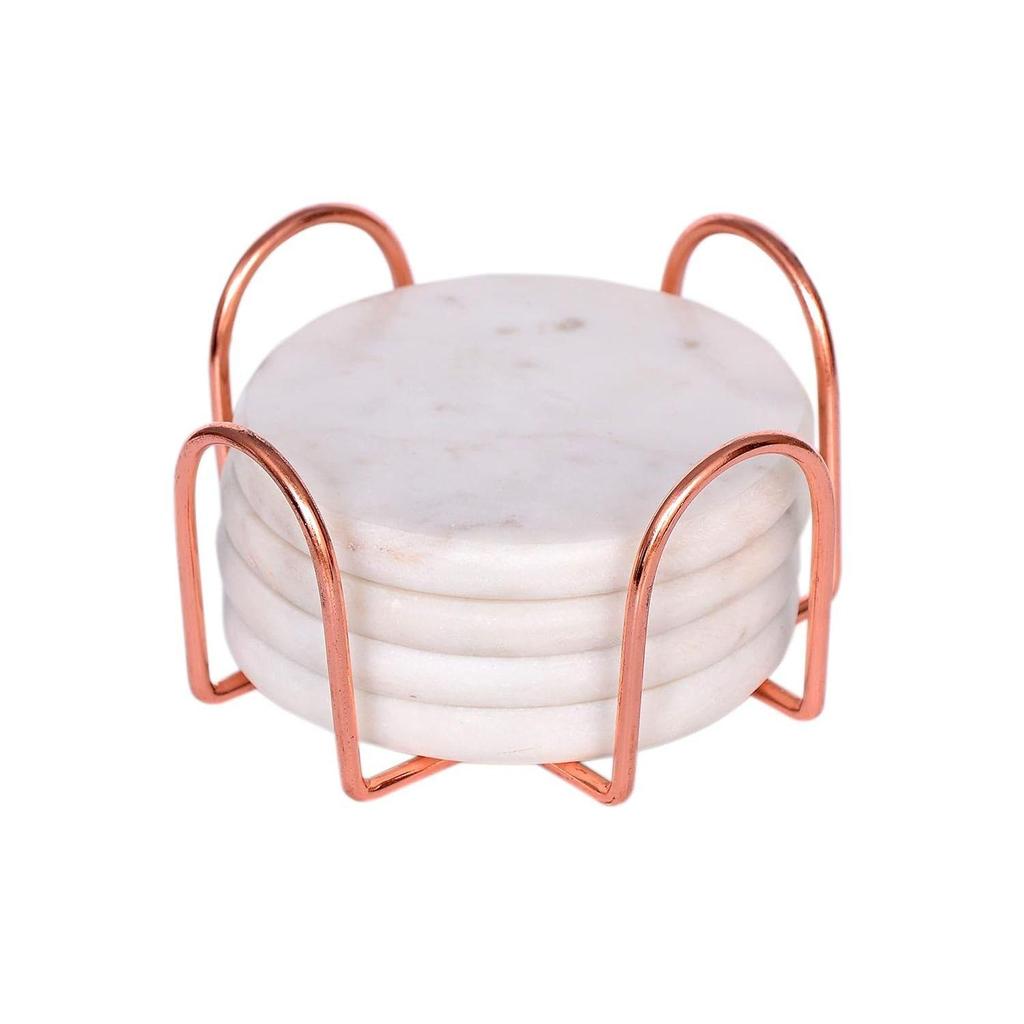 Bar Wine Coasters for Table - Set of 4 Vintage Handmade Marble Stone Coaster Set with Holder (Round Shape) (Rose Gold Stand)