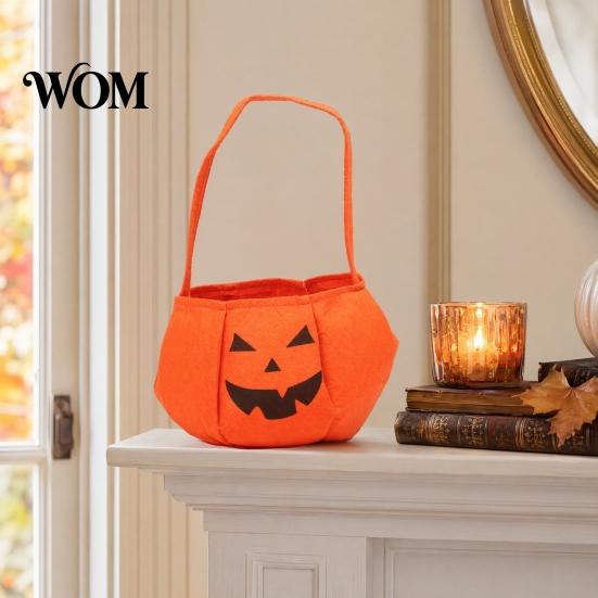 Flexible Hand Strap Bag Halloween Pumpkin Candy for Kids, Small Trick or Treat Bucket, Party Favor Soft Face Basket with Handle Decoration Stiff Tote